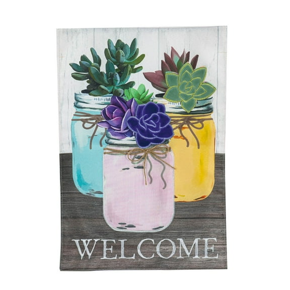 Mason Jar Succulents Garden Linen Flag