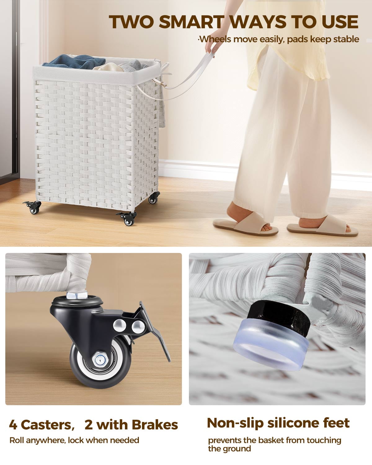 Rolanstar 90L Laundry Hamper with Wheels, No Install Needed, Divided Handwoven Hampers & 2 Removable Liner Bags, Synthetic Rattan Clothes Laundry Basket with Lid & Handles, Foldable Hampers White