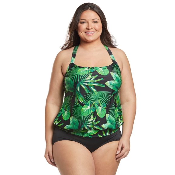 Sporti Plus Size Valentina Tropical Palm Blouson Tankini Top