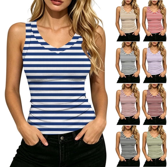 Noric Women's Striped Tank Tops Summer Sleeveless V Neck Casual Ribbed Knit Skinny Fit Basic Camisole