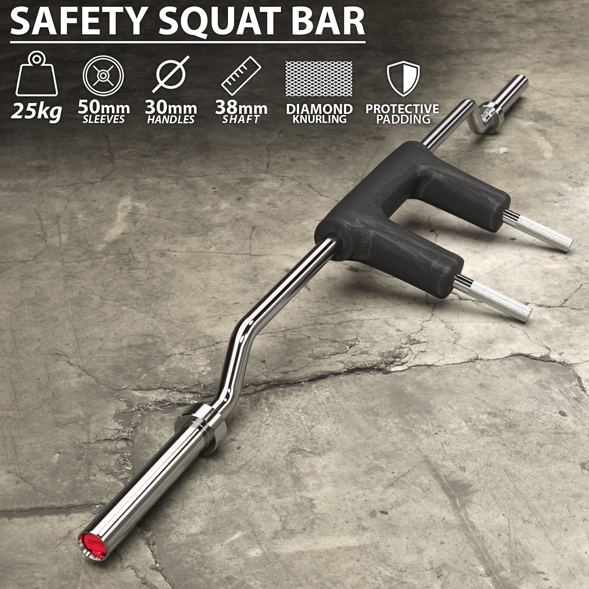 Synergee 25kg Chrome Olympic Safety Squat Bar with Pad for Heavy Squats. 86.5” Long with 11.25” Sleeves. Max Capacity 1000lbs. - chrome