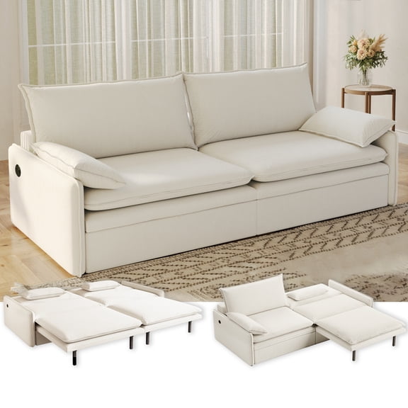 4-Seat Convertible Sleeper Sofa Bed, Chenille Deep Seat Couch with Storage,Beige