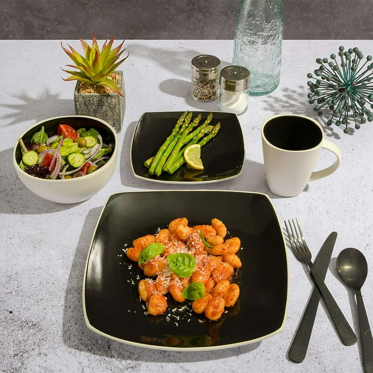 Gibson Soho Lounge White Square 16-Piece Stoneware Dinnerware Set Black