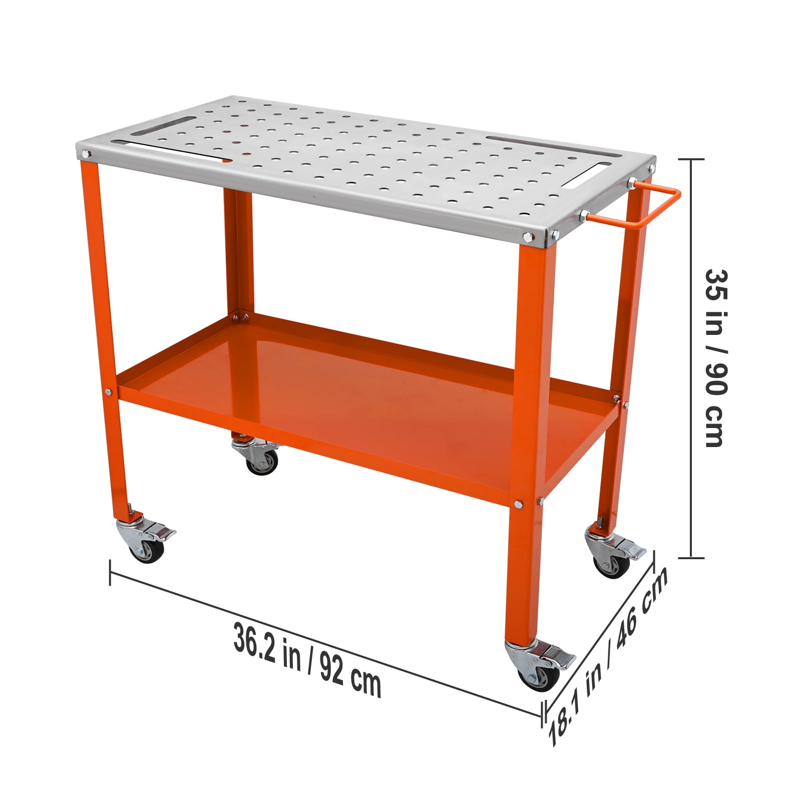 KFFKFF 36x18-inch Steel Welding Table, Supports up to 1200lbs, Mobile Workbench with Brake-Enabled Locking Casters, Includes 4 Tool Slots, 5/8-inch Fixture Holes & Tool Tray