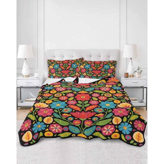 Quilts Full Size, Boho Flower Soft Comforter Bedding Set for Bed, Red Blue Yellow Colorful Mexico Tribal Lightweight Quilted Bedspread with Pillow Cover(2 Pieces) for All Season, 78x90 Inch