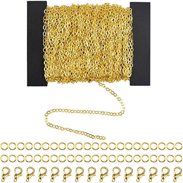 RV Cadena de creación de joyas de 12 m Cadena de collar de acero inoxidable de 2 * 3 mm con 100 anillas y 30 cierres de langosta para hacer joyas, plata y oro (Oro) oso de fresa Electrónica