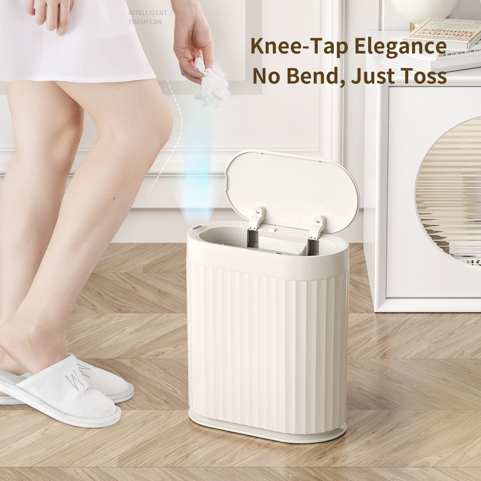 Mrbin 2 Gallon/7L Automatic Touchless Trash Can, Motion Sensor Garbage Bin with Lid Touchless Wastebasket Cream White (for Bathroom, Bedroom, Office)