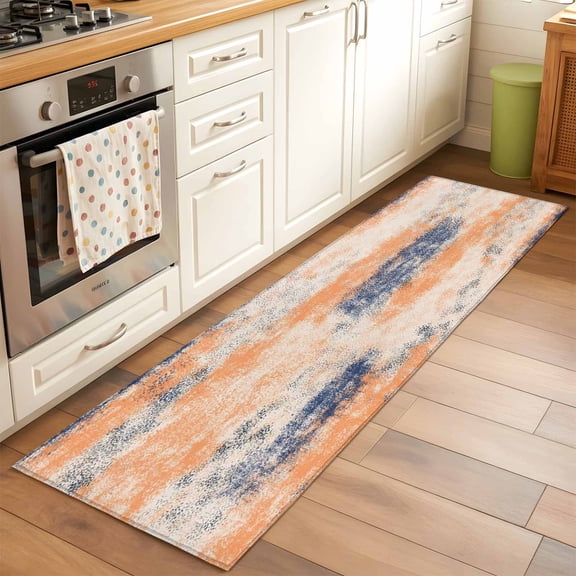 2'x6' Rug Runners for Hallways Kitchen, Orange Blue Non Slip Entryway Beside Floor Carpet Runner, Minimalist Smear Abstract Art Painting Washable Laundry Room Bedroom Throw Rugs Mat for Family Pet