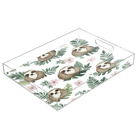 

WOBOGO Acrylic Serving Trays 15.7x11.8 Inch Spill Proof Clear Decorative Organizer with Handle Cute Cartoon Sloth Pattern with Tropical Leaves