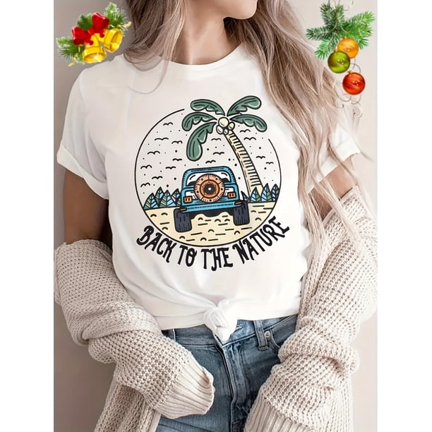 Camiseta retro de cuello redondo y manga corta con estampado geométrico para mujer, 100 % algodón, lavable a máquina, informal, estampada, deportiva.