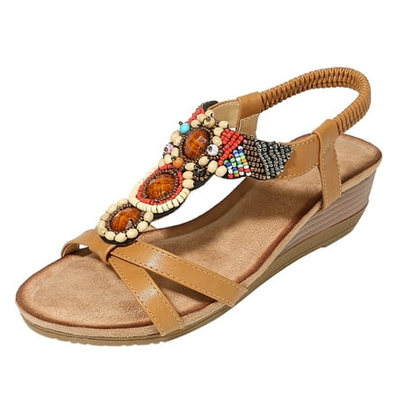 

TAIAOJING Women s Sandals Ladies String Bead Wedges Elastic Band Ohemian Beach Shoes Sandals Zapato