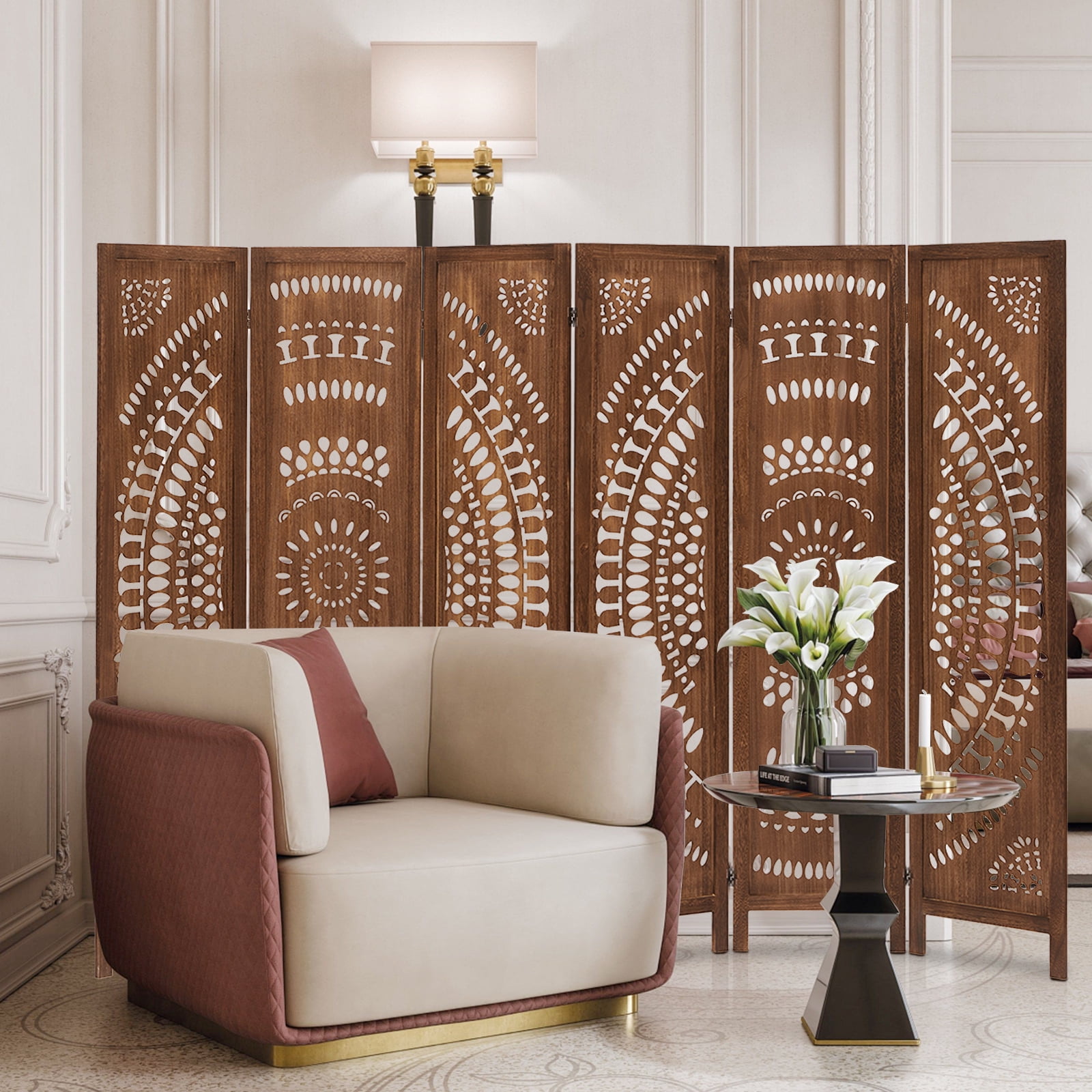 Aletheiawu 6 Panel Wood Carved Room Dividers and Folding Screens, No Mounting Require, Dark Brown