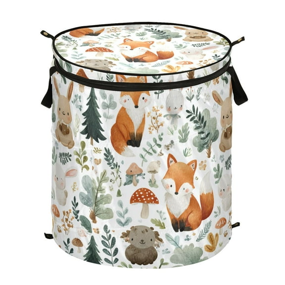 50L Extra Large Popup Hamper Collapsible Laundry Basket With Zippered Lid 15.7x18.5in Cute Woodland Animals