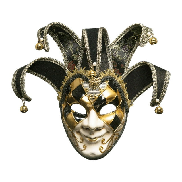 máscara de mardi gras yuyangstore accesorios de disfraces cubierta facial negro, máscara de mascarada jester de cara completa con patrón arlequín dorado y negro, trenza plateada y pequeñas campanillas en las puntas, detalles en relieve, tamaño aprox. 39 x 33 cm; ideal para carnaval, Halloween y cosplay; también suele usarse como adorno festivo.