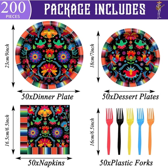 YUYAN-50 Guests Mexican Fiesta Plates and Napkins Party Supplies Mayo Datura Flower Party Decorations Disposable Tableware Set Day of The Dead Dinnerware Favor for Pinata Taco Theme Decor, 200PCS