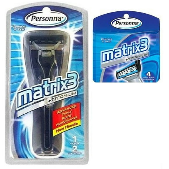Personna Matrix3 Advanced Triple Blade Razor Handle + Matrix3 Titanium Triple Blade Refill Cartridge Blades, 4 Ct.