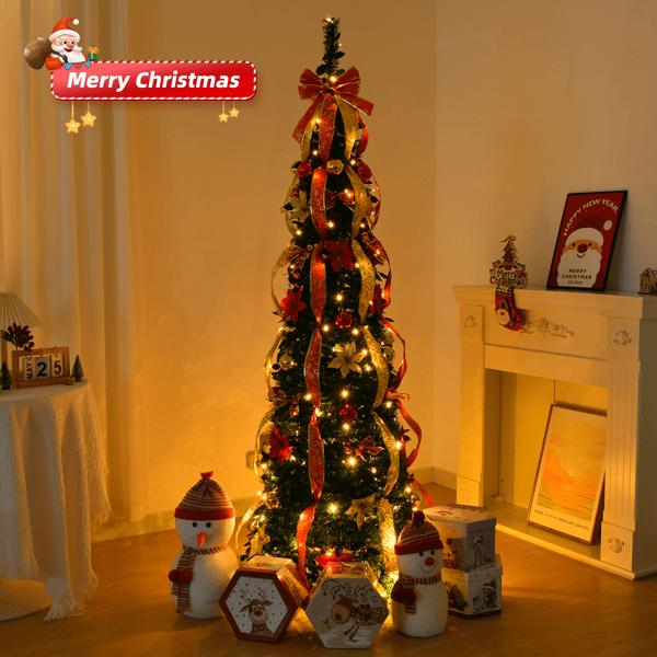 Alvantor 6 ft Fully Decorated Pre-Lit Pop-Up Christmas Tree with 150 Warm White LEDs, 8 Light Modes, Red and Gold Ornaments