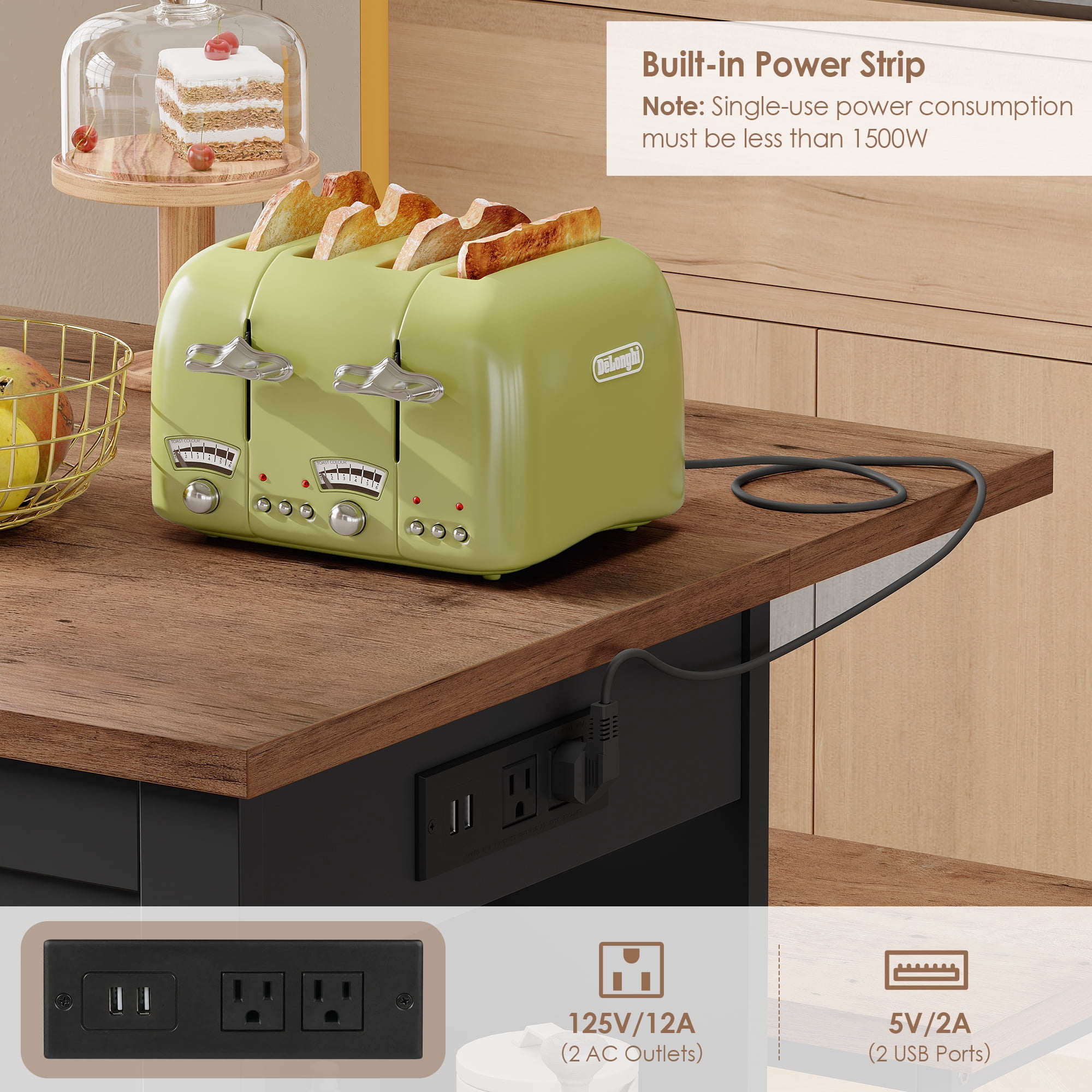 Homfa 47.2'' Kitchen Island with Drop Leaf and Charging Station, Portable Kitchen Island with Storage and 2 Seating, Black Rolling Cart with Wheels for Kitchen, Dining Table for 2