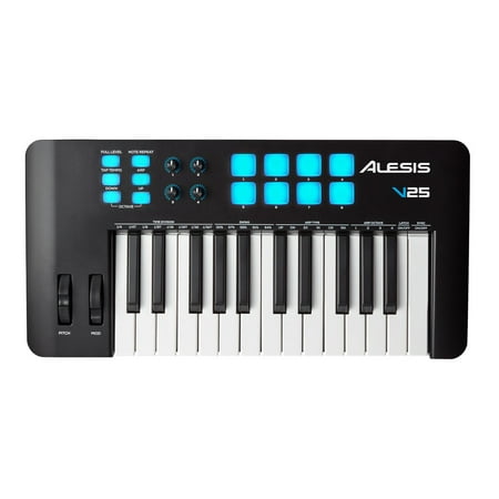 Alesis V25 MKII USB MIDI Keyboard Controller with 25 Velocity Sensitive Keys, 8 Full Level Pads, Arpeggiator, Pitch/Mod Wheel, Note Repeat and Software Suite,black
