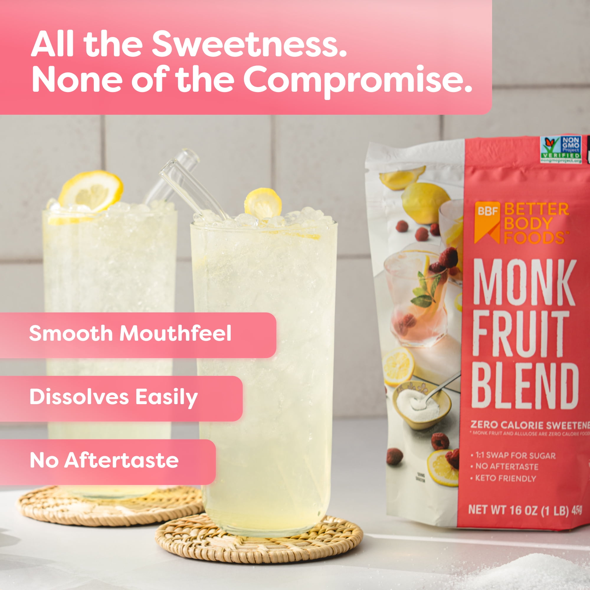 (6 pack) BetterBody Foods Monk Fruit Sweetener Blend, Zero Calorie Sweetener, 1 lb