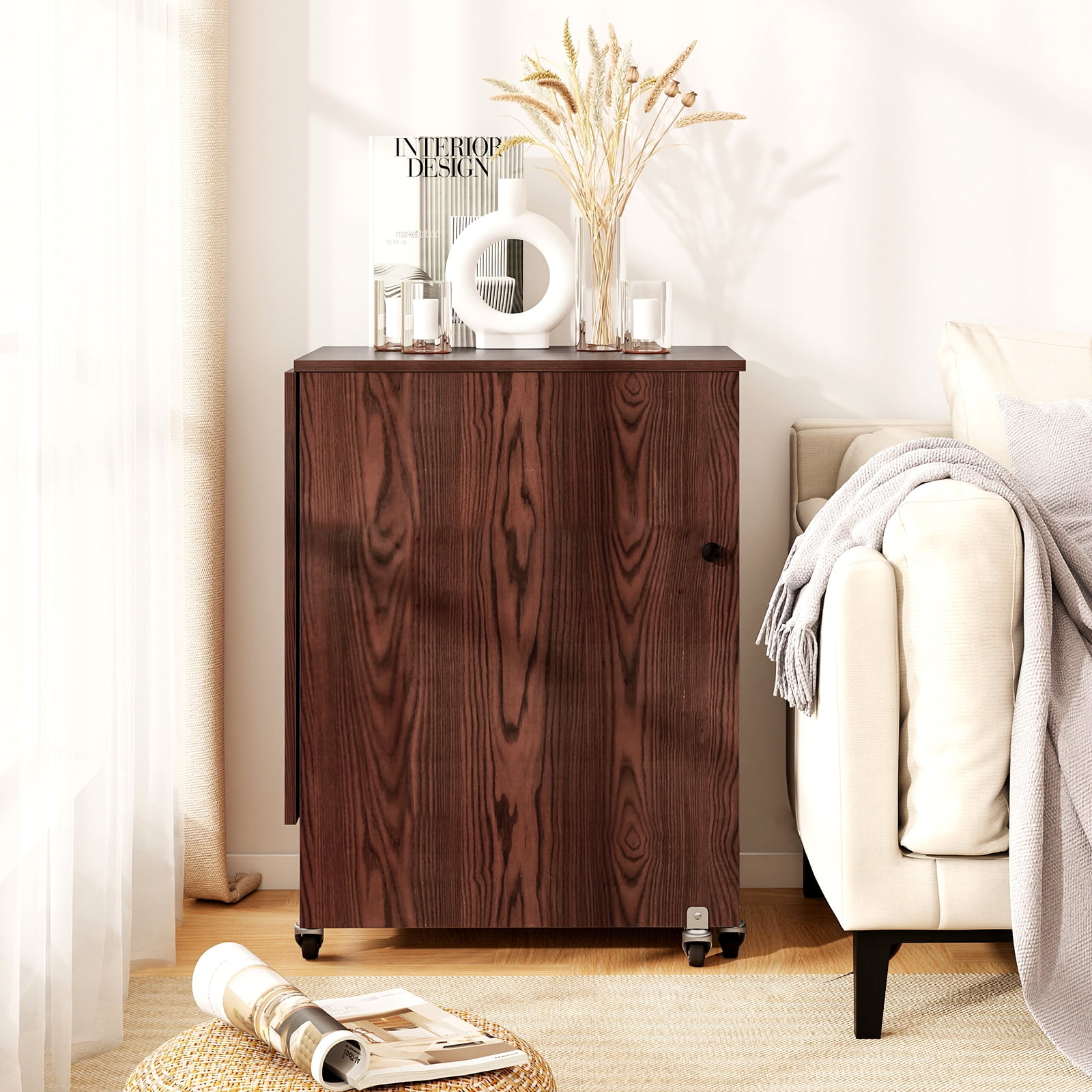 Topbuy Sewing Machine Table with Charging Station Folding Sewing Cabinet w/Lockable Casters Brown