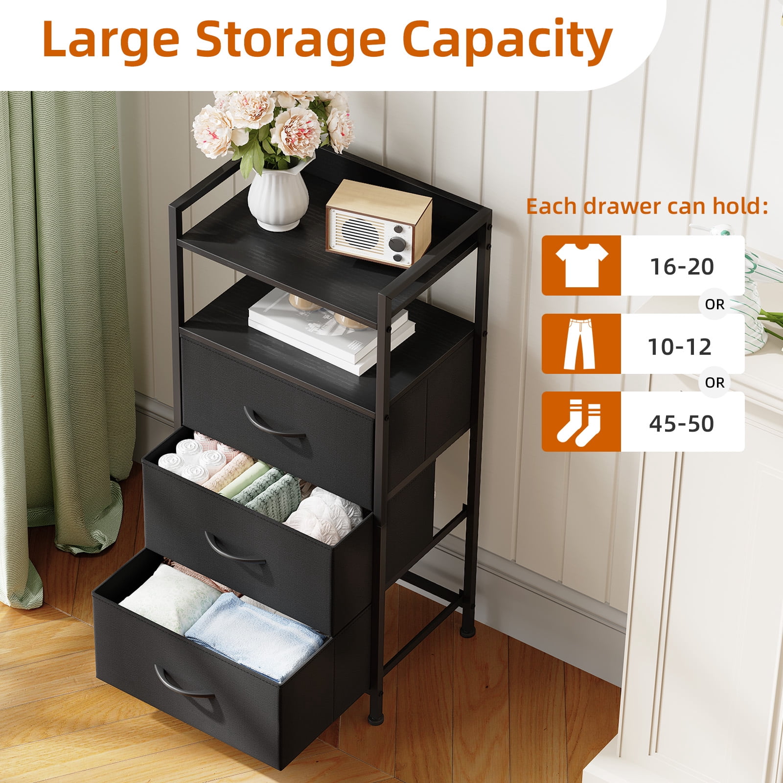 Eunos Black Tall Nightstand, 3 Vertical Fabric Drawer Dresser for Bedroom, Living Room, Hallway