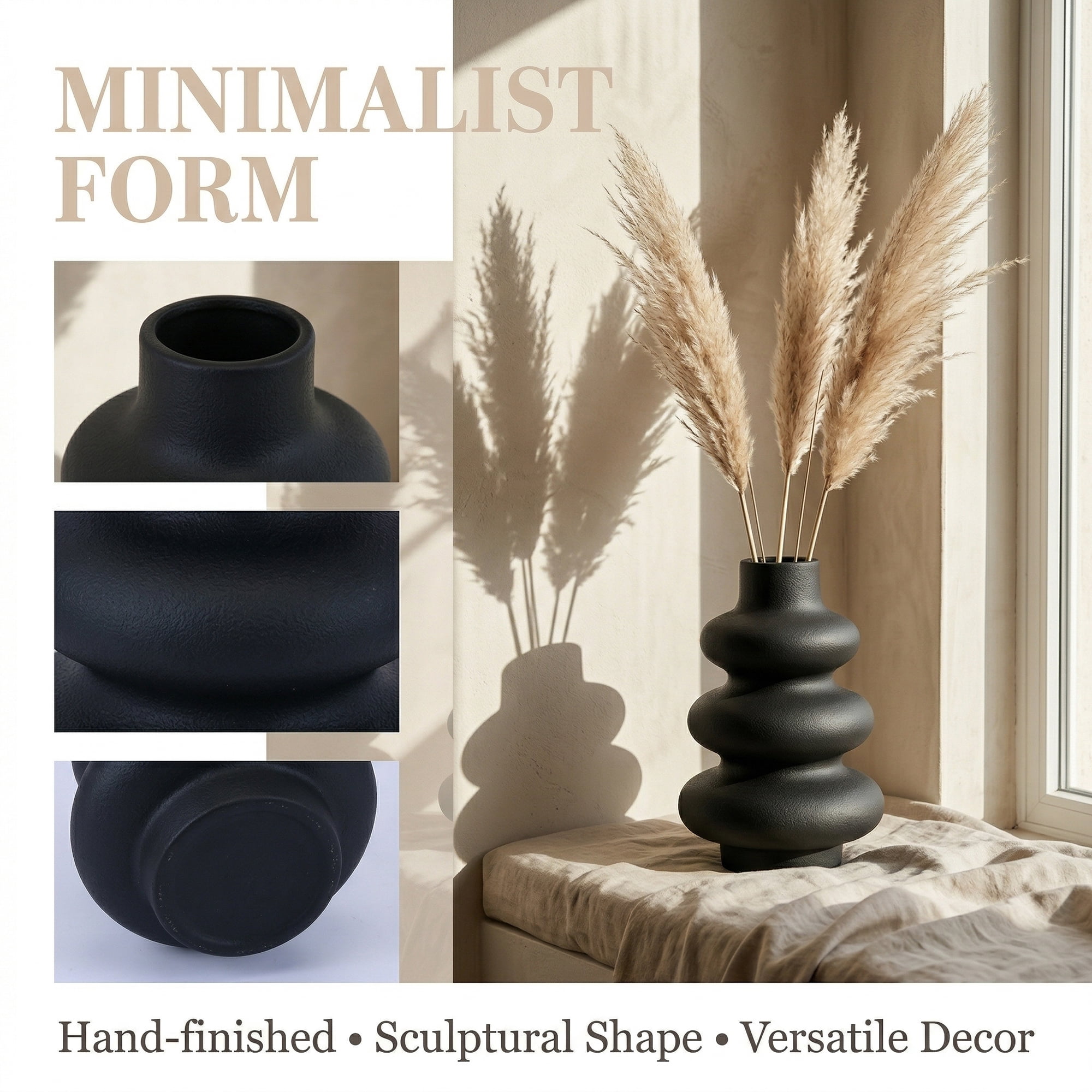 Unique Bargains Ceramic Modern Ripple Textured Decorative Vase Black 5.4"L x 5.4"W x 8"H