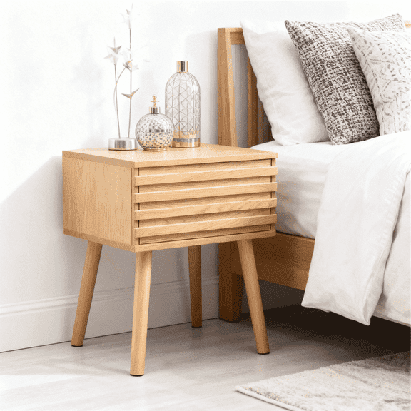 Mid-Century Modern Nightstand with Fluted Drawer, Wooden Bedside Table with Solid Wood Legs, Small End Table for Bedroom, Living Room, Easy Assembly, Natural Oak