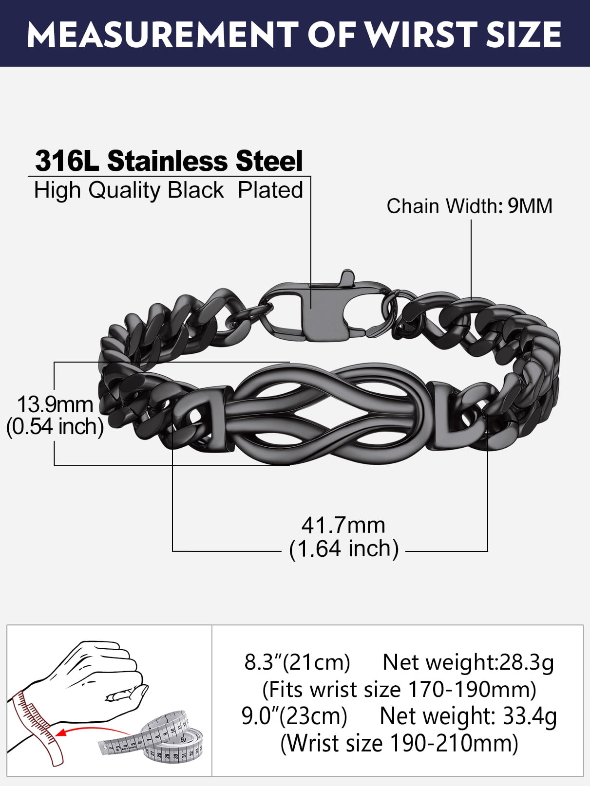 Bandmax 9'' Black Cuban Chain Bracelet for Men Women Stainless Steel Infinity Knot Bracelet Link Chain Gift with Love Message Card Gift Father's Day Birthday for Your Love