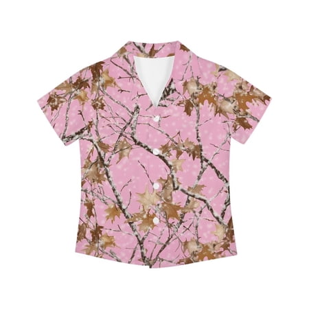 Garronmavis Girls Button Down Shirts Size 9-10 Short Sleeve Summer Tops Pink Camo Branch Shirt Casual Beach Vacation Clothes Lightweight Breathable School Daily Wear