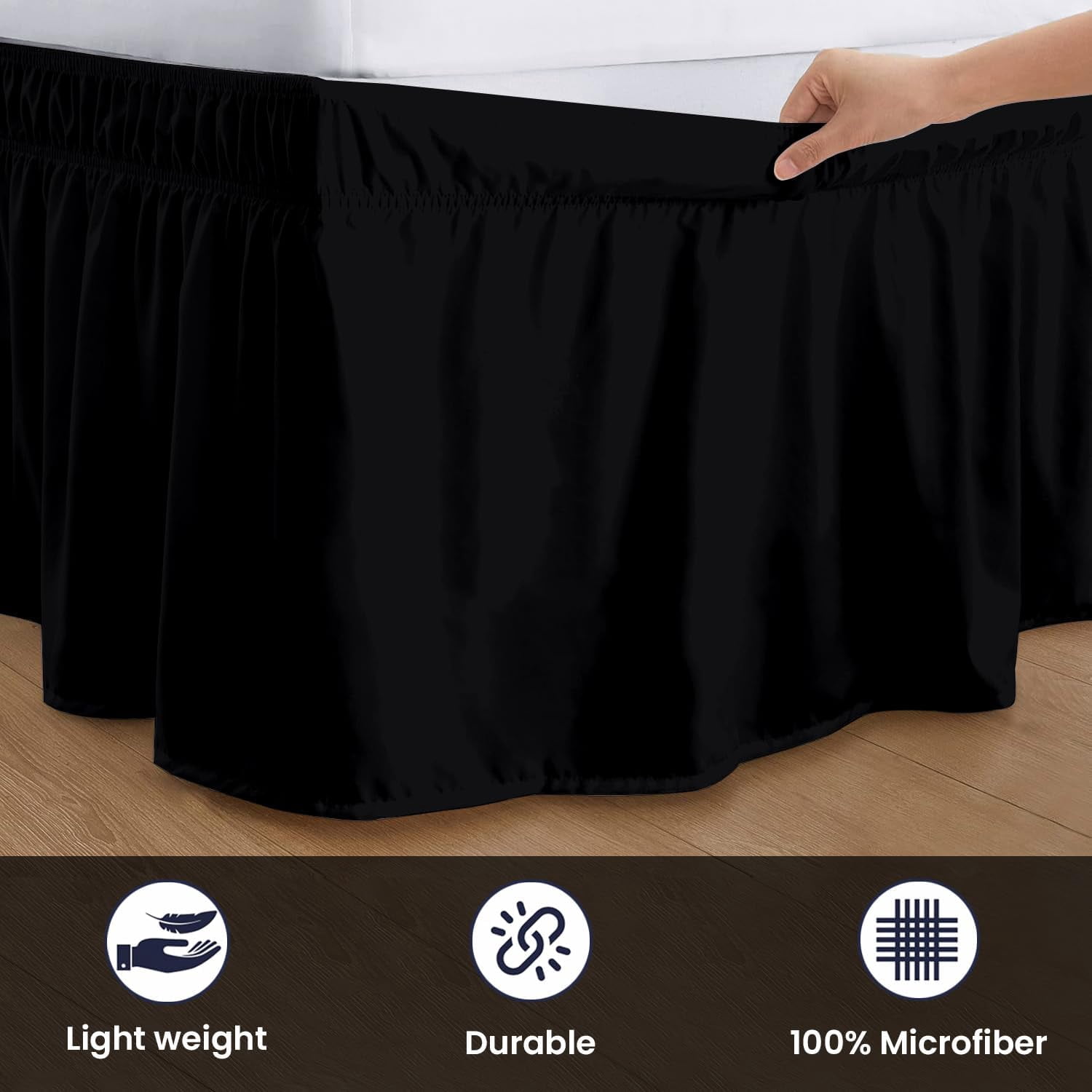 SGI bedding 12 inch Drop Wraparound Bed Skirt King Size - No Lifting Required, Adjustable Easy Fit Elastic Strap, Classic Gathered Styling Dust Ruffle, Fade Resistant -Black