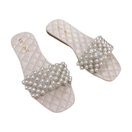 

huanledash Sandals Beads Rhinestone Women Flat Square Head Slippers for Dating