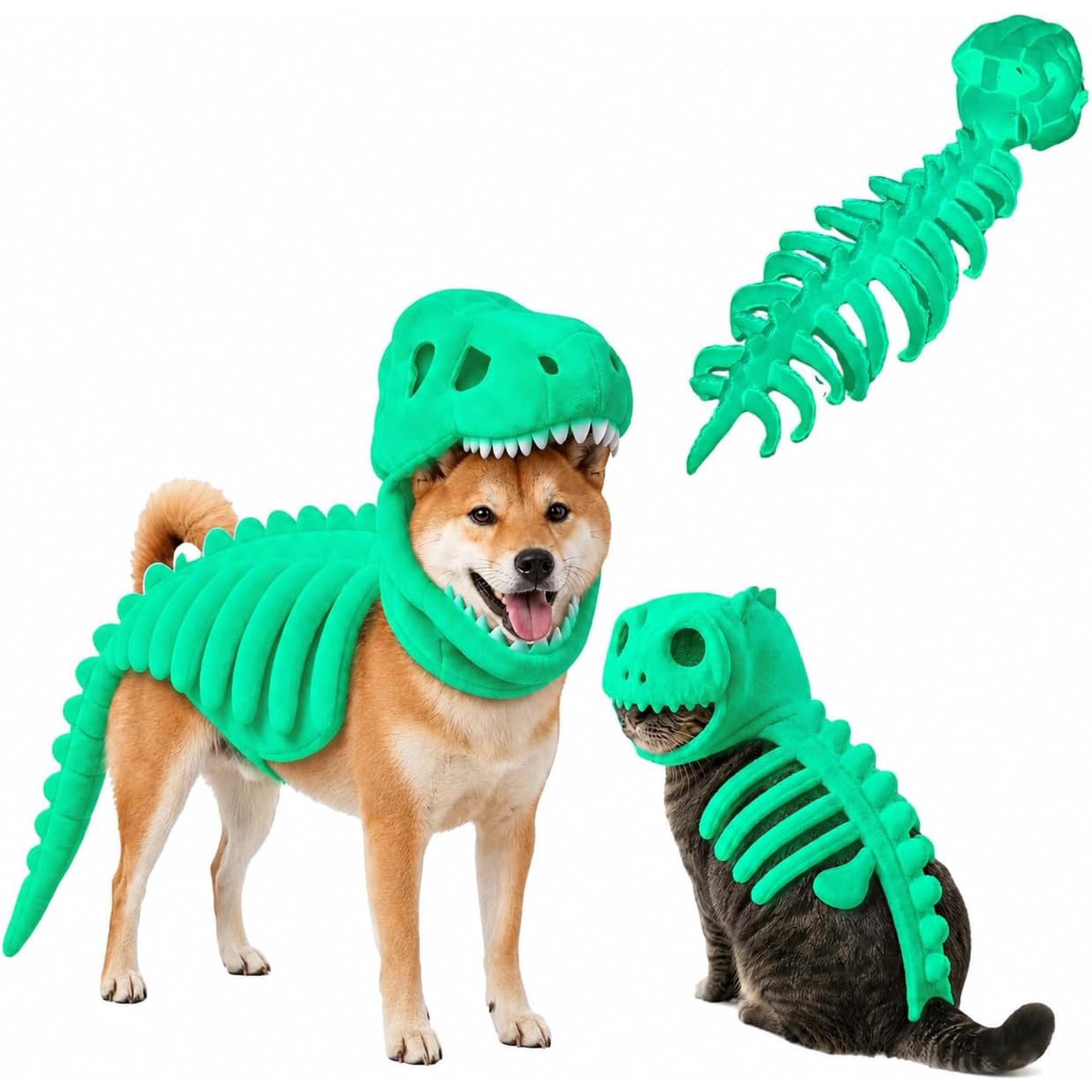 Dinosaur Skeleton Glow in Dark Dog and Cat Costume Pet Dinosaur Costume Plush Halloween Pet Hood Outfit(47in)