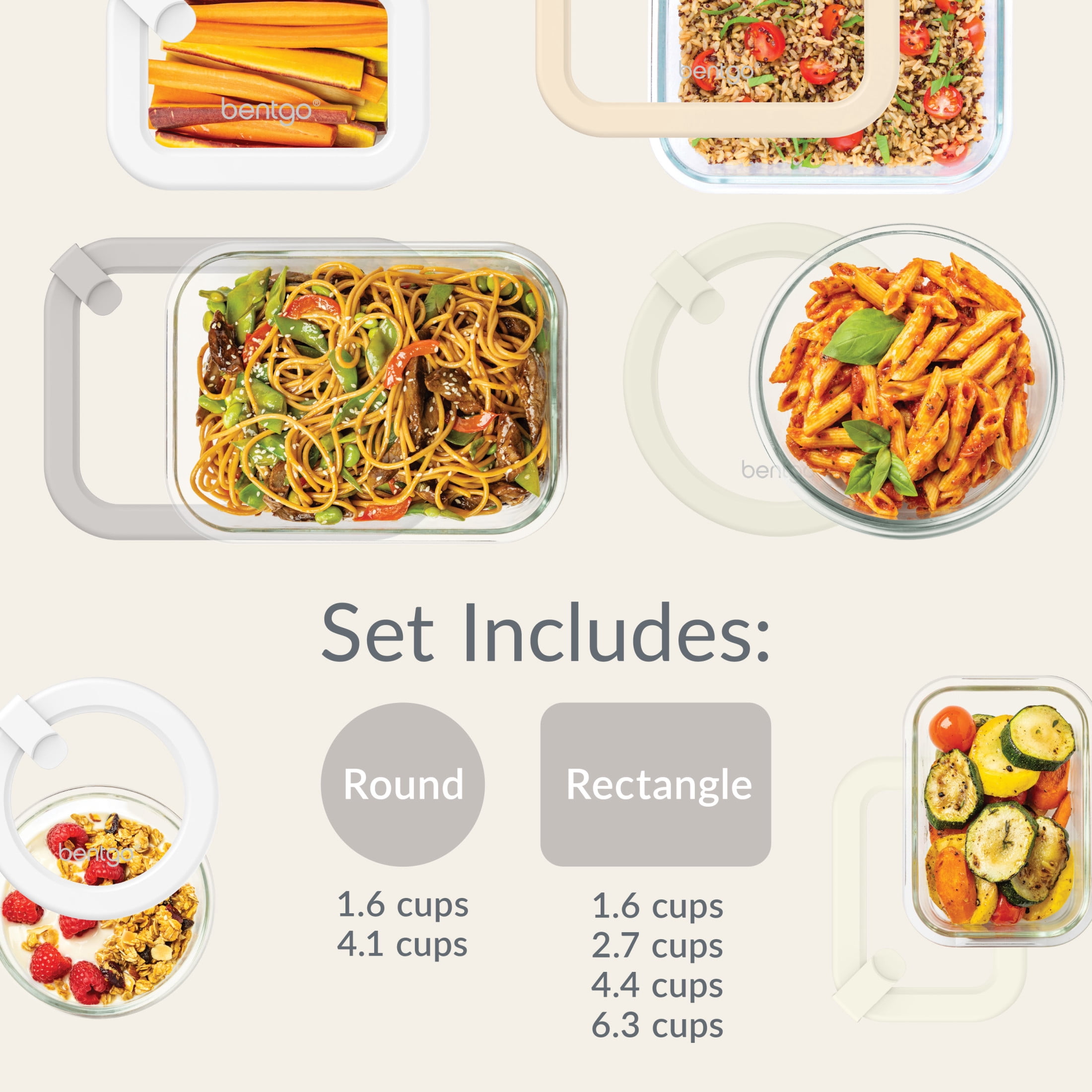 Bentgo Signature Leak-Proof Glass Food Storage - 12-Piece Set, 1-Compartment Plastic-Free Containers with Airtight Glass Lids, BPA-Free, Microwave, Freezer, Oven & Dishwasher Safe (White Stone)