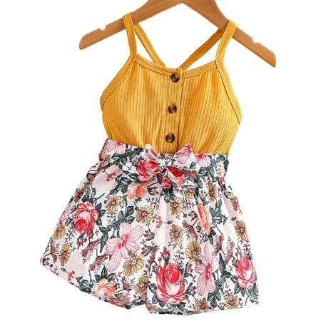 

Rejlun Baby Romper Crew Neck Top Outfit Solid Color Tank Jumpsuit Elastic Waist Shorts Loose Photograph Yellow 68