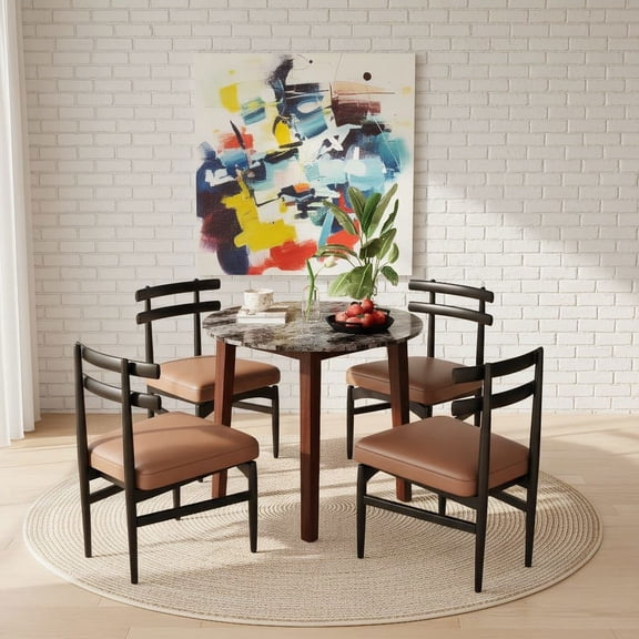 Barara King Dining Table, Kitchen Dining Table,35 Inch Round Dining Table with Rubber Wood Legs and Marble-textured Veneer Tabletop-Brown