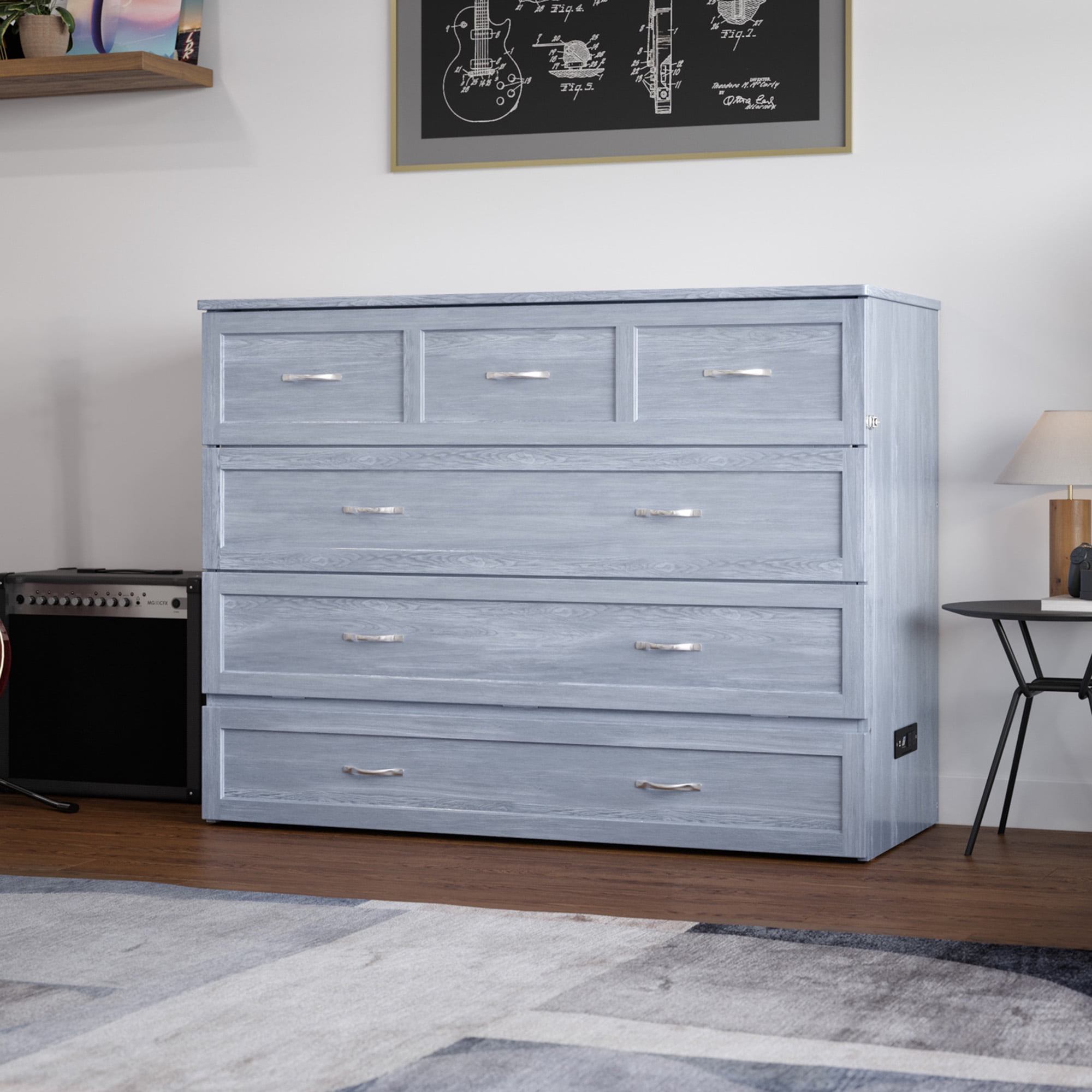 AFI Northfield Full Wood Murphy Bed Chest with 6" Mattress, Drawer & Charger, Driftwood