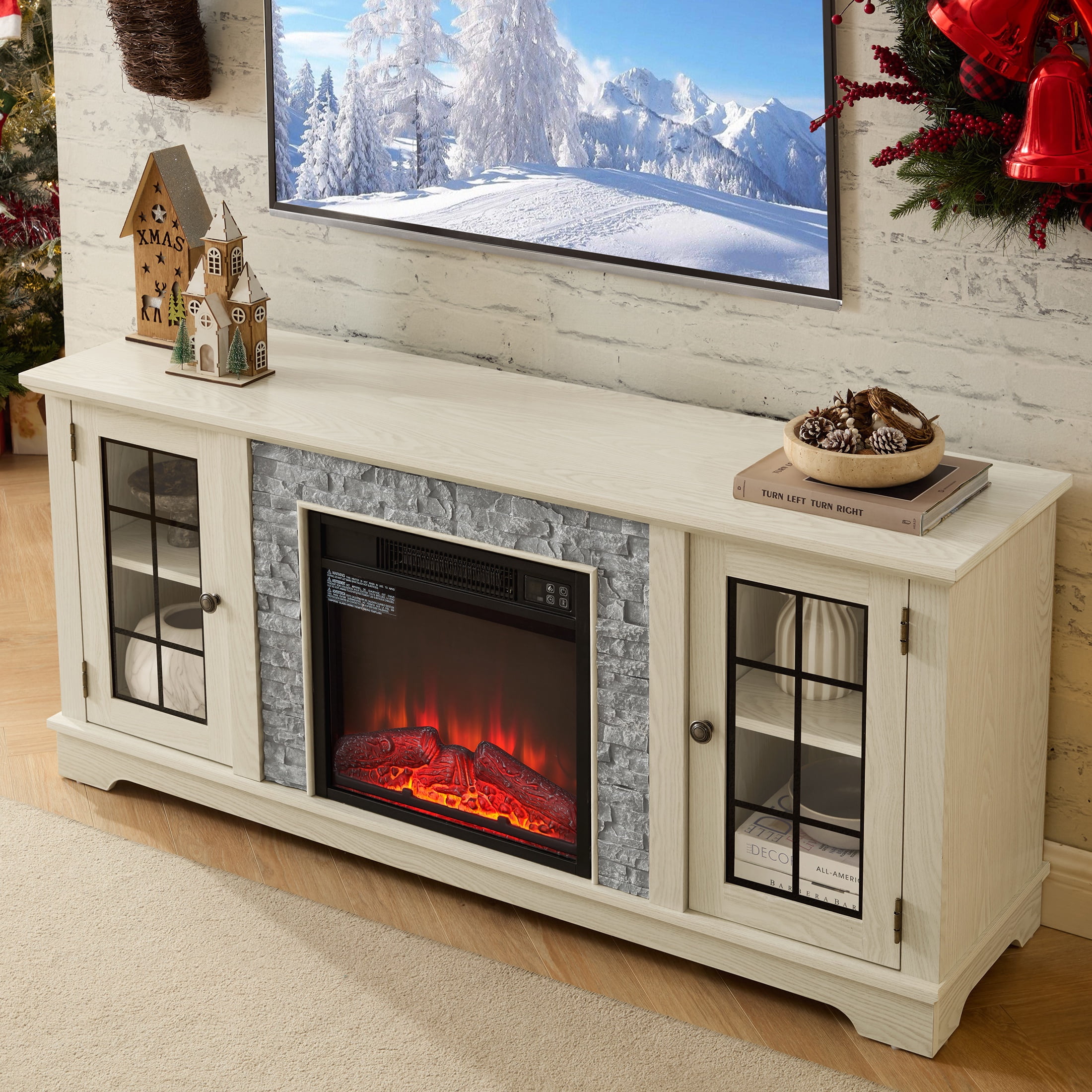 Electric Fireplace TV Stand for 65″ TVs, UHOMEPRO Fireplace Entertainment Center TV Console Table with 18″ Fireplace, 2-Door Storage Cabinets, Holds up to 200 lbs, White
