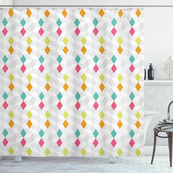 Geometric Shower Curtain, Abstract Mosaic Composition of Rhombuses and Greyscale Cubes 3D Graphic Design, Fabric Bathroom Set with Hooks, 69W X 84L Inches Extra Long, Multicolor, by Ambesonne