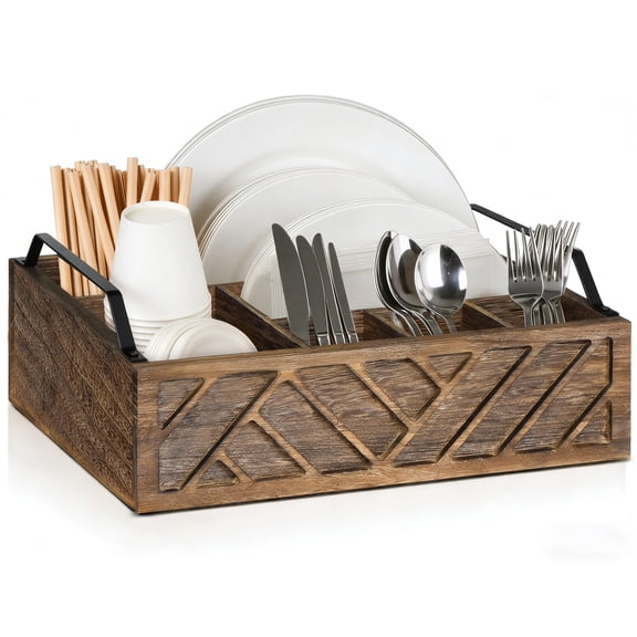 6-Compartment Kitchen Paper Plate Dispenser & Utensil Holder with Handles,Farmhouse Wooden Organizer Caddy for Disposable Plates,Cutlery,Cups,Napkins & Straws,Portable Countertop Storage for Parties