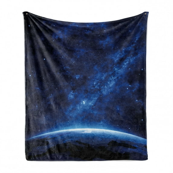 World Soft Flannel Fleece Throw Blanket, Earth View at Night from Space Atmosphere Stars Cosmic Galaxy Nebula, Cozy Plush for Indoor and Outdoor Use, 60" x 80", Blue and White, by Ambesonne