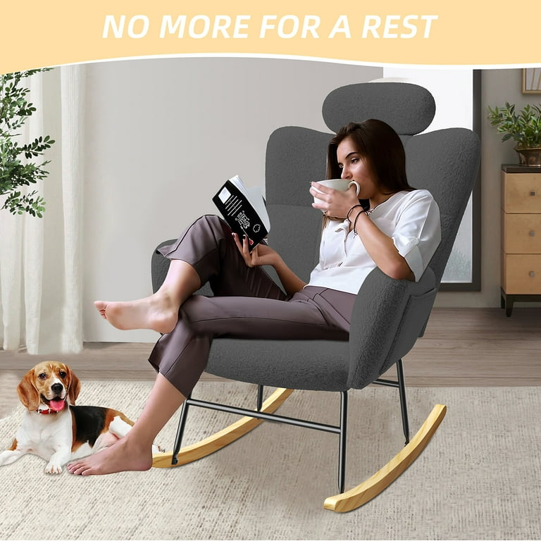 Paproos Teddy Fabric Rocking Chair Gray, High Backrest Accent