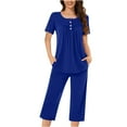 thumbnail image 2 of Timegard Lounge Sets for Women Ruched Short Sleeve Blouse Capris Pants Summer Comfy Solid Color Pajamas Outfits, 2 of 5
