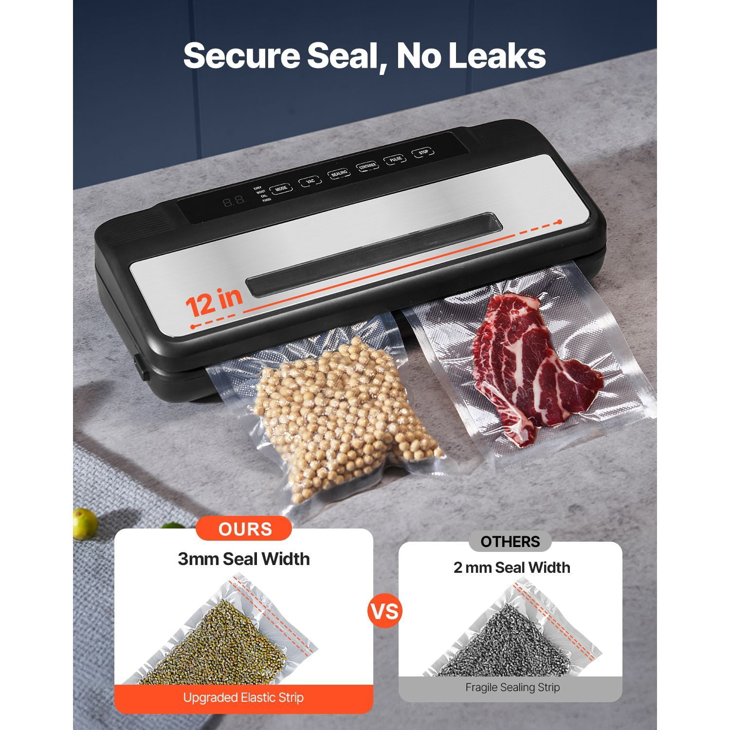 Vacuum Sealer Machine, 80kPa Powerful Suction, 7-in-1 Food Modes, 12" Heating Bar, Built-in Bag Cutter, Removable Drip Tray, for Home Kitchen Food Preservation