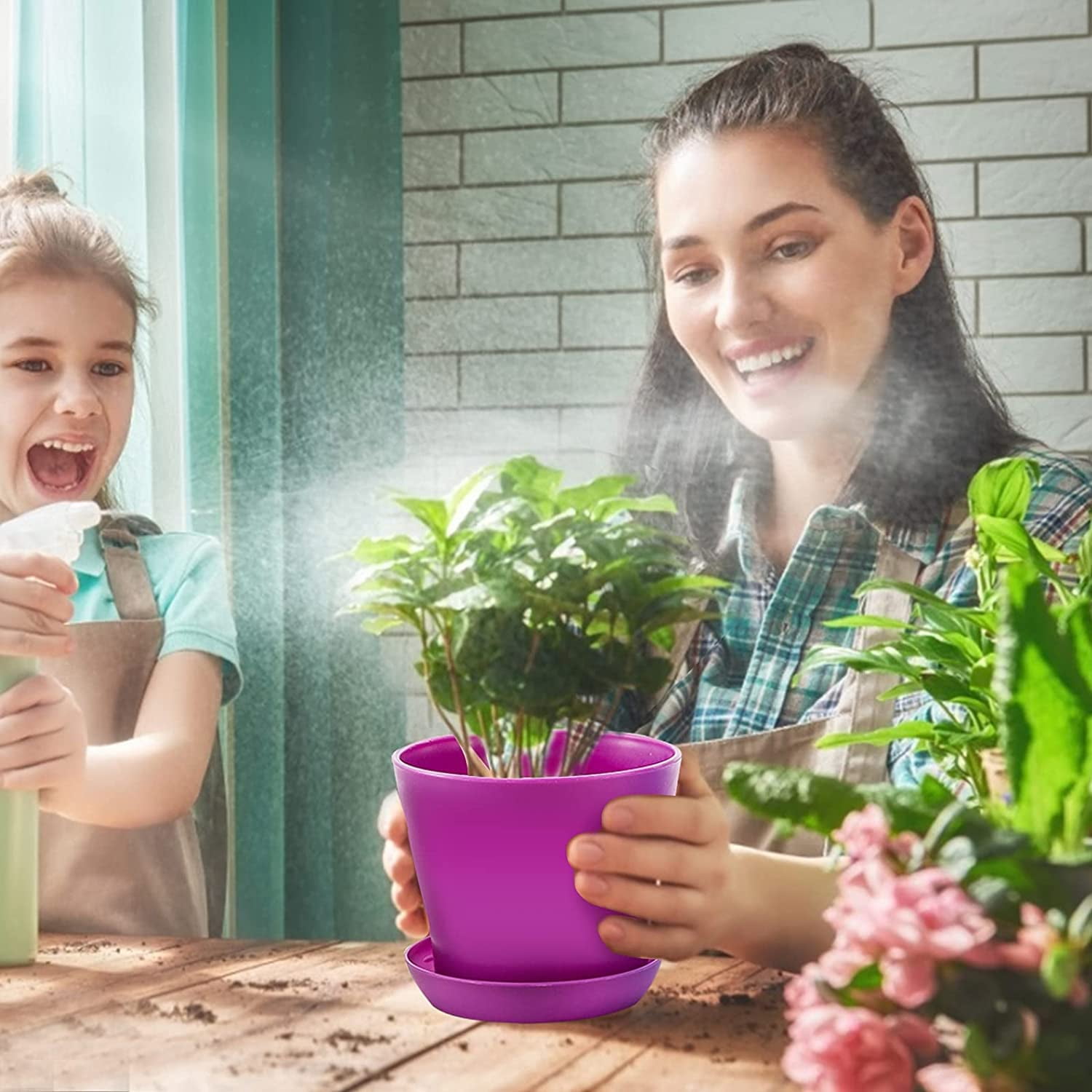 24 Pack 4" Small Plastic Plant Flower Pot with Saucers, Seedlings Nursery Pots Planter with Pallet Planting Gardening Containers - Assorted 8 Colors