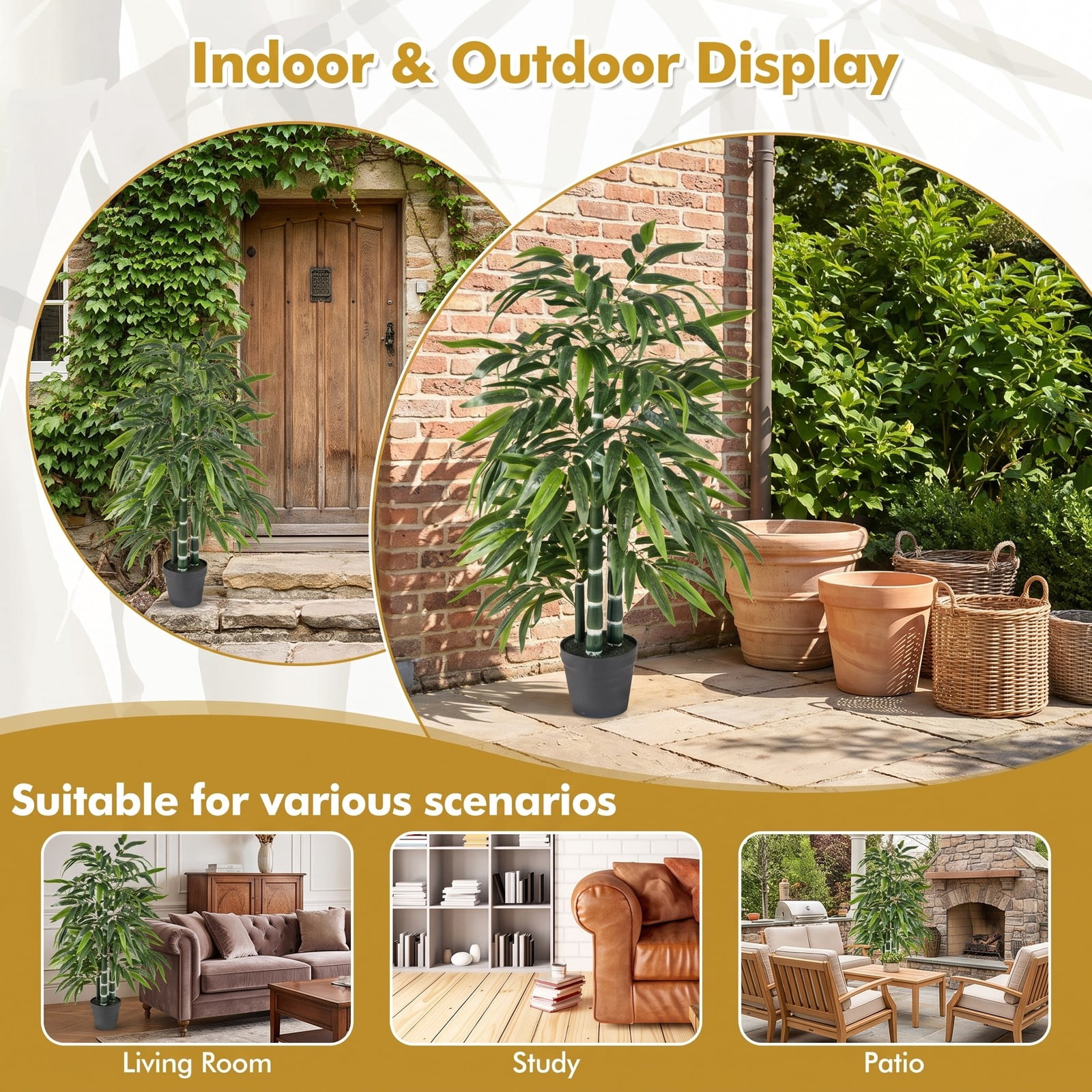 ALPULON 2 Pack Artificial Bamboo Tree 50 Inch Fake Bamboo Plant with 3 PE Trunks and Weighted Cement Base for Indoor Home Office Floor Decor, Green