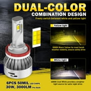 Lasfit H8 H9 H11 LED Headlight Bulbs, Switchback H11 LED Bulbs High/Low Beam Fog Light 60W 6000LM 6000K White/3000K Amber