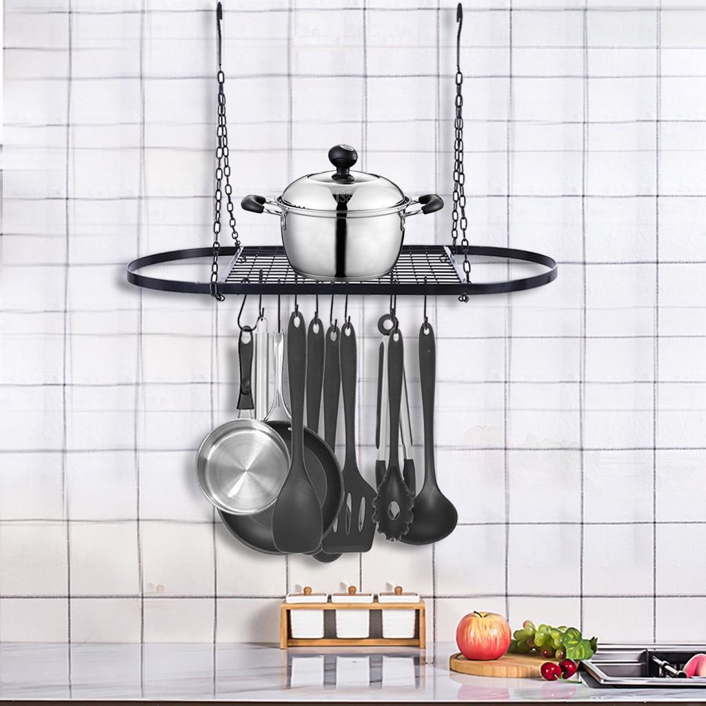 Pot and Pan Rack for Ceiling with Hooks Decorative Mounted Storage Rack Black 