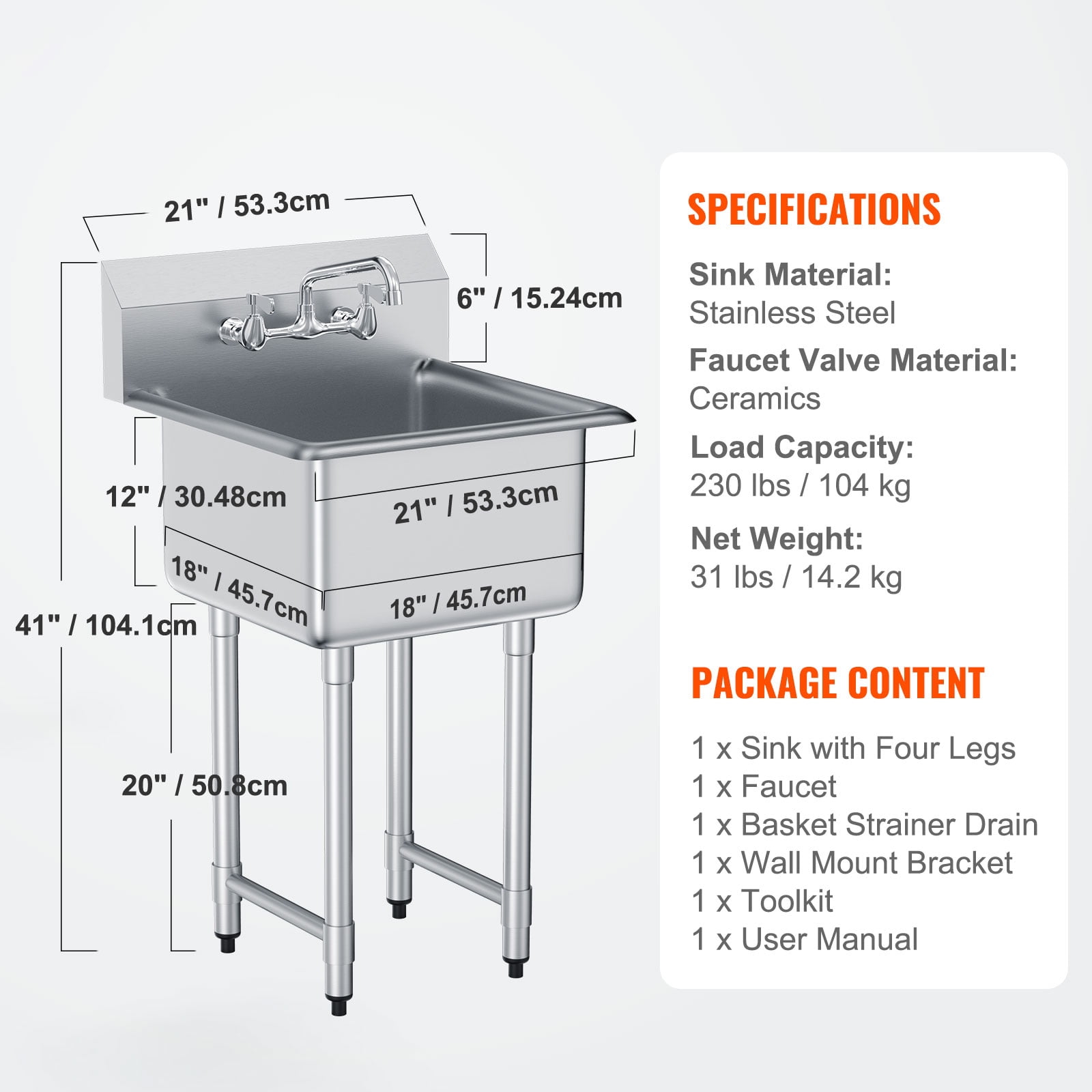 KFFKFF Commercial Utility Sink in Stainless Steel, Single Basin with Faucet & Legs, Dimensions 21"x41", Ideal for Garage, Eatery, Kitchen, Laundry Room, Certified by