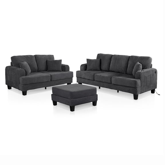 Furniture of America Kasin 3-Piece Chenille Living Room Set with USB Ports